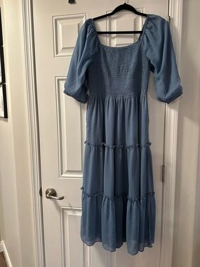 Mikarose Dusty Blue Smocked Maxi Dress with Puff Sleeves